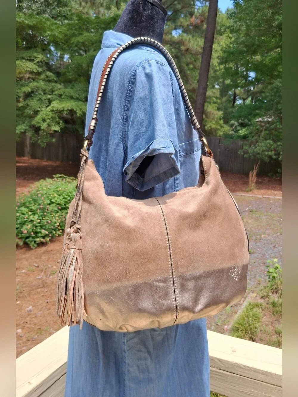 Patricia Nash Gold Ombre Tan Suede Tassel Whipstitch Leather Hobo Bag - Picture 14 of 14